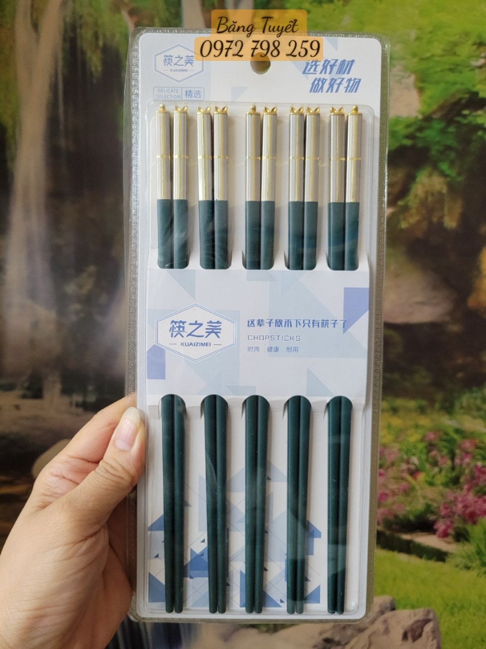 Đũa Ăn Cơm Cao Cấp Chống Mốc Kiểu Nhật Bản Sợi Thủy Tinh Kháng Khuẩn Màu Xanh Sang Trọng Hộp 5 Đôi