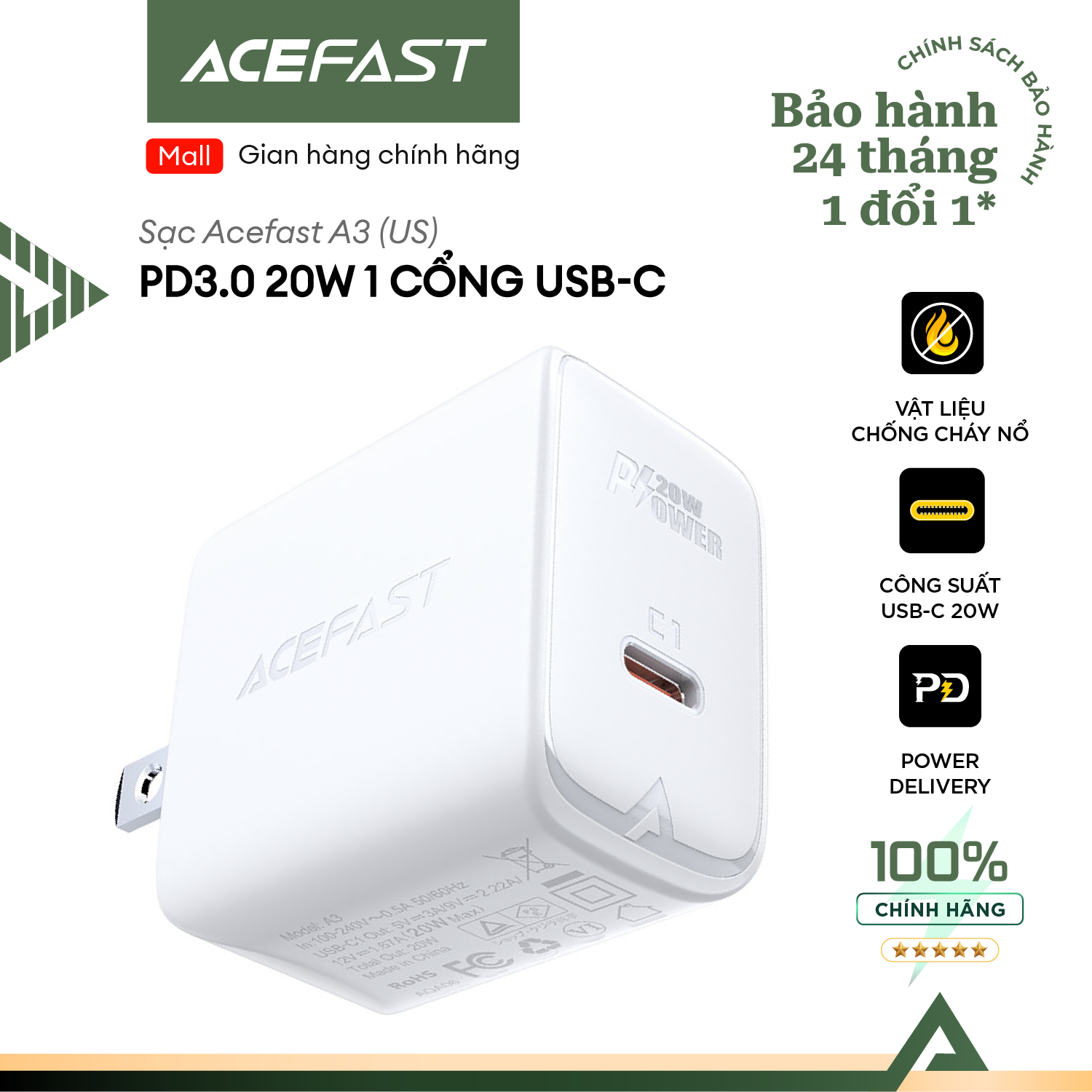 Sạc Acefast PD3.0 20W 1 cổng USB-C (US) - A3 Hàng chính hãng Acefast