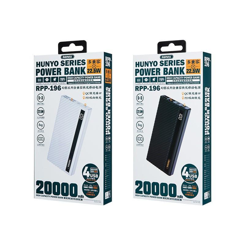 Pin sạc dự phòng Remax RPP-196 20000mAh QC 22.5W, PD 18W, 3 Inputs, 5 Outputs, lõi Polymer (HÀNG CHÍNH HÃNG)