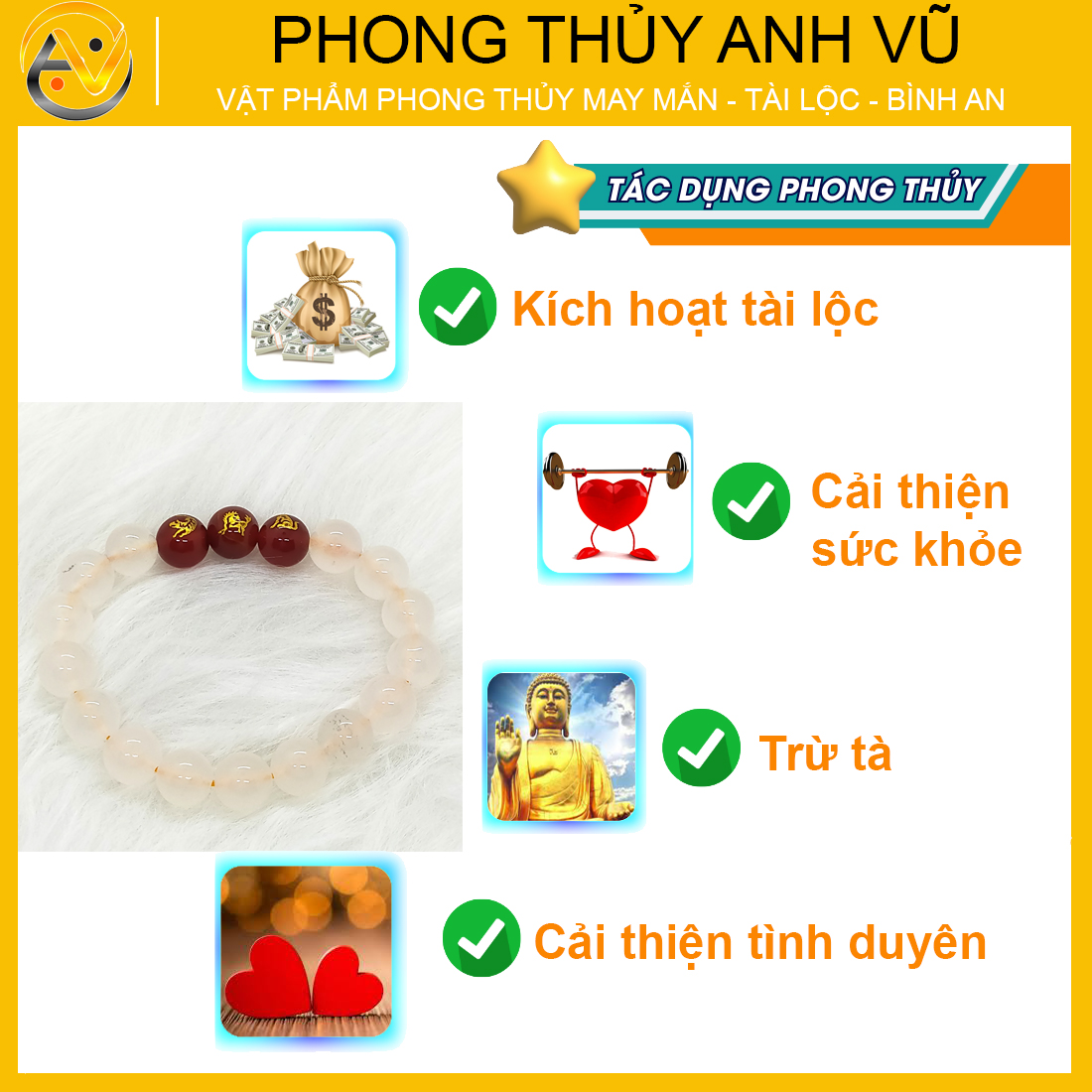 Vòng tay tam hợp dần ngọ tuất đá mã não trắng - Vòng đeo tay phong thủy cho nữ mệnh kim - May mắn tài lộc bình an