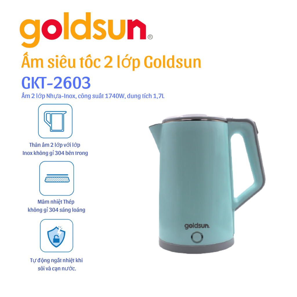 Ấm Đun Siêu Tốc Goldsun 2 Lớp GKT2603 – Hàng Chính Hãng