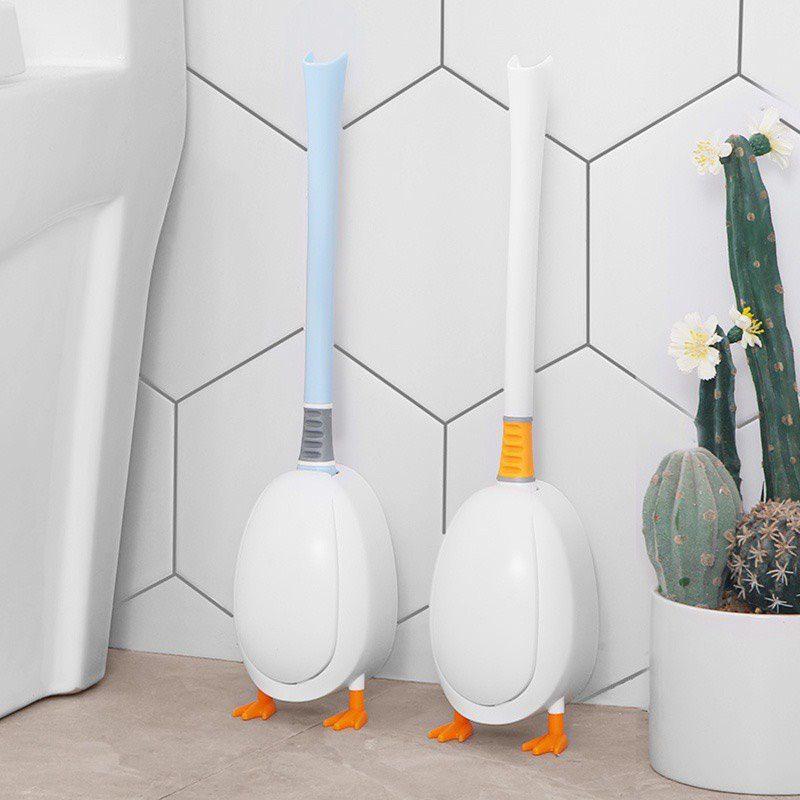Cọ bồn cầu toilet dán tường hình chú vịt chất liệu silicon có khay đựng dán tường