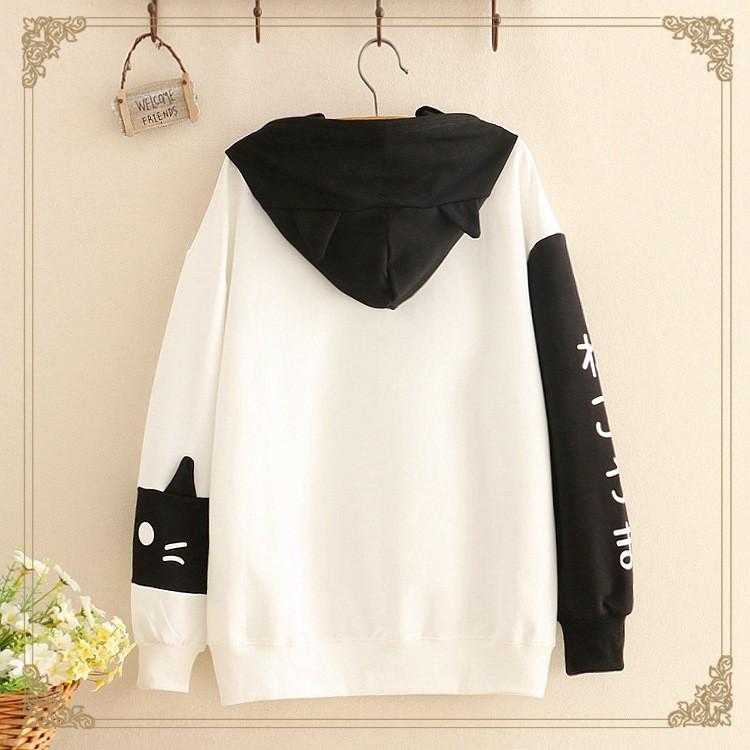 Áo khoác nỉ tay dài in hình mèo con có nón phía sau || Hany Shop