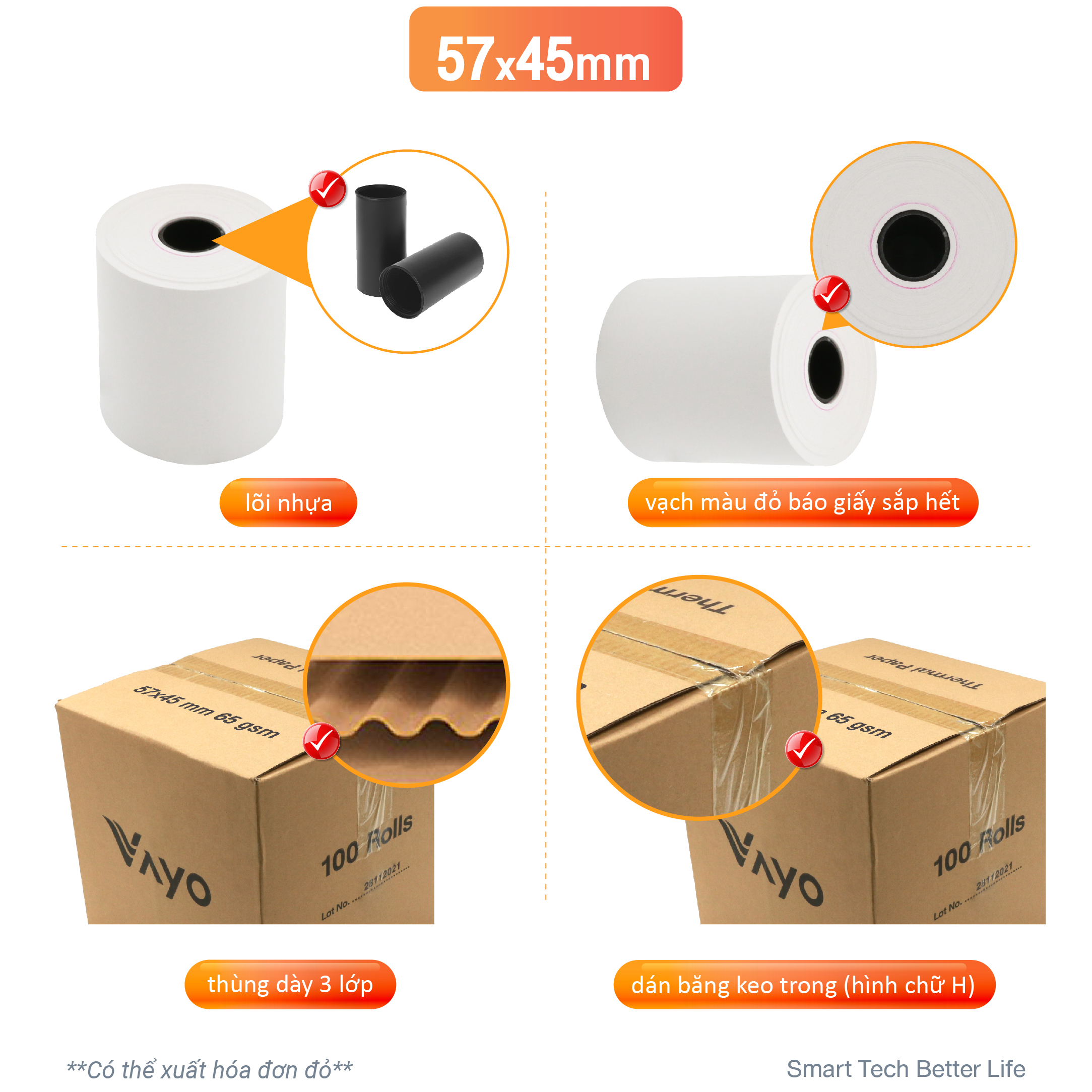 Giấy in nhiệt Giấy in bill VAYO Khổ 57 x 45 mm - In rõ nét - Lõi siêu nhỏ - Hàng chính hãng