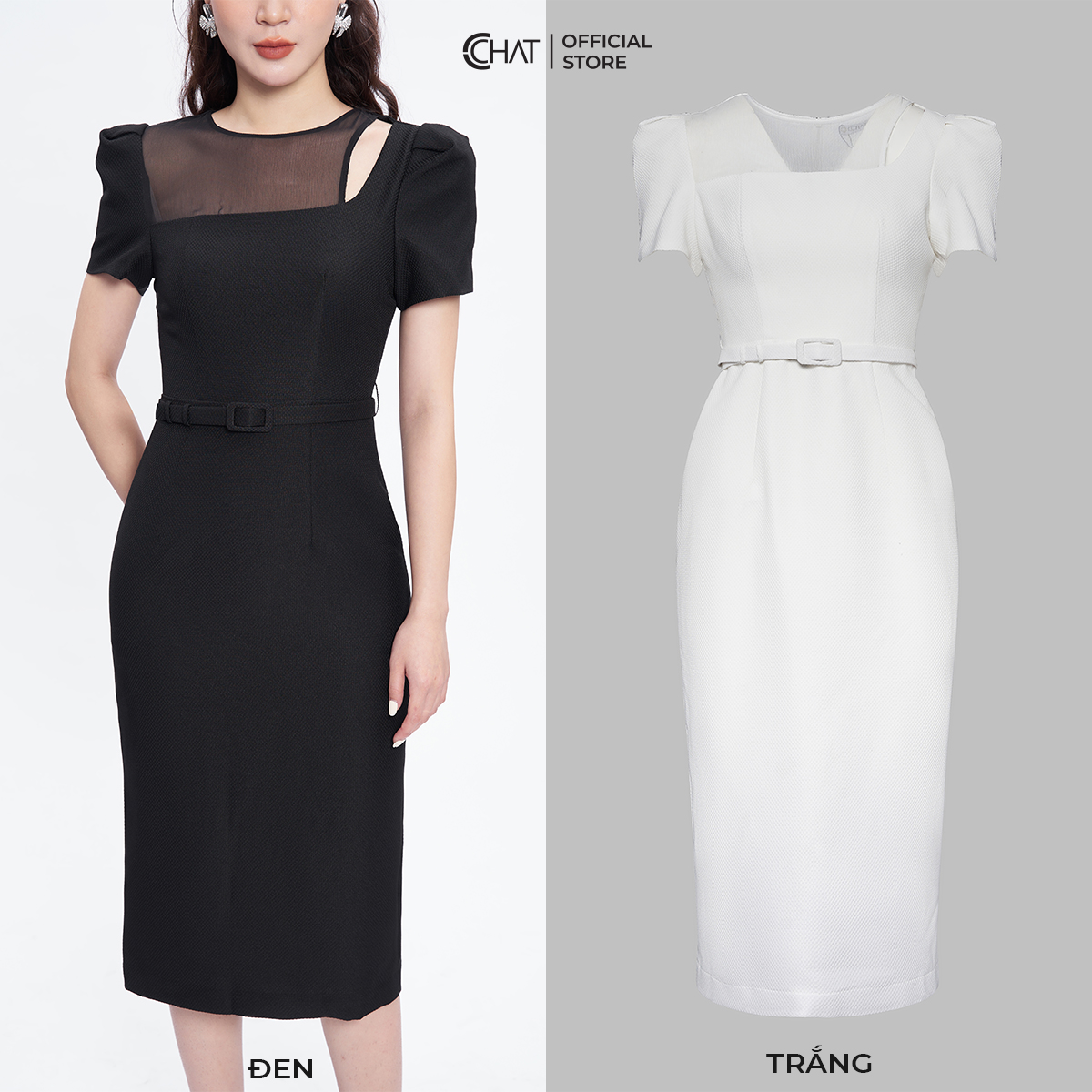 Đầm Nữ Dáng Ôm Suông Kiểu Cutout Vai Chất Tafta Cao Cấp Mềm Mịn 53VNS8001OT