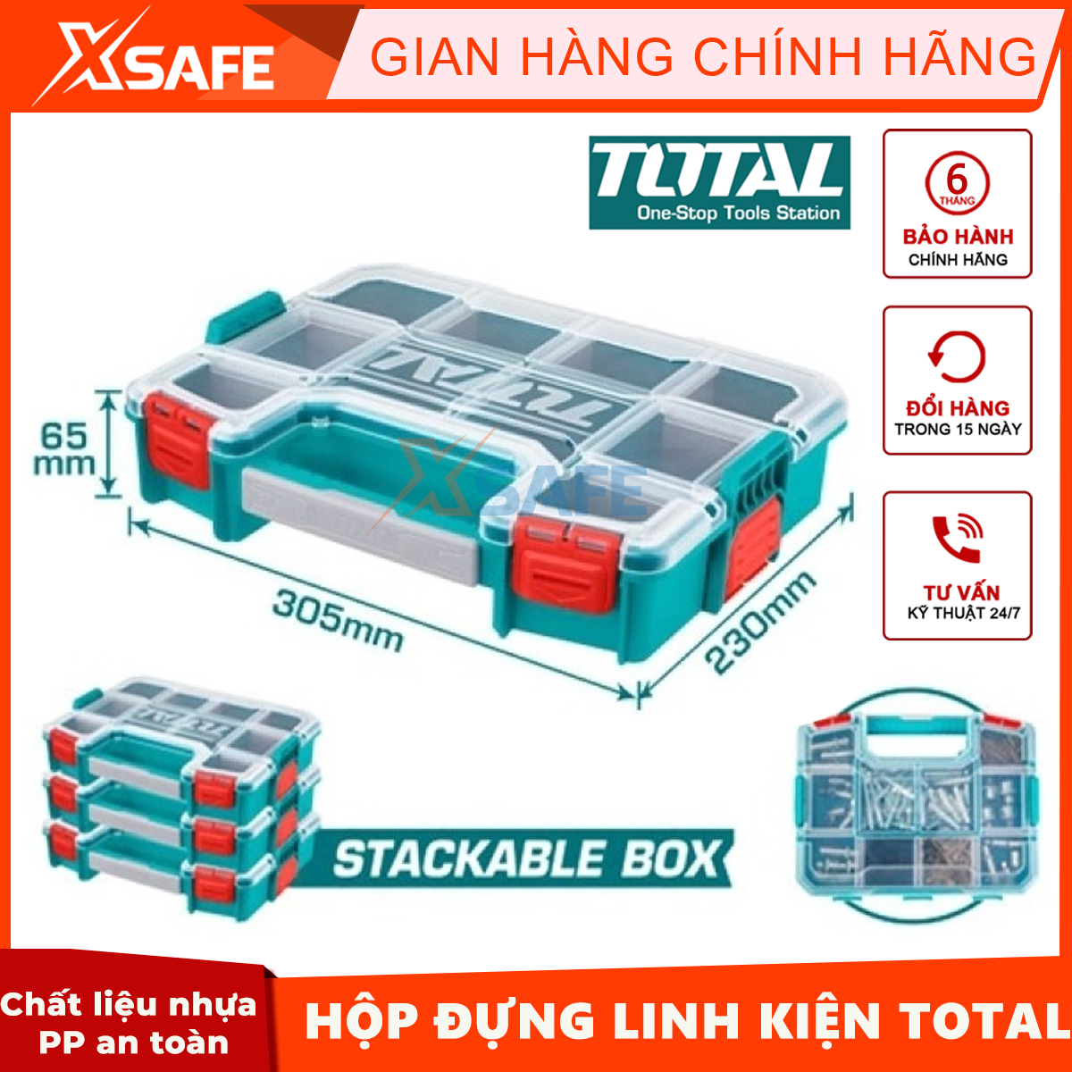 Hộp nhựa đựng linh kiện TOTAL TPBX1121 khóa nhựa, chất liệu nhựa PP, vách ngăn tháo rời, các hộp xếp chồng được lên nhau