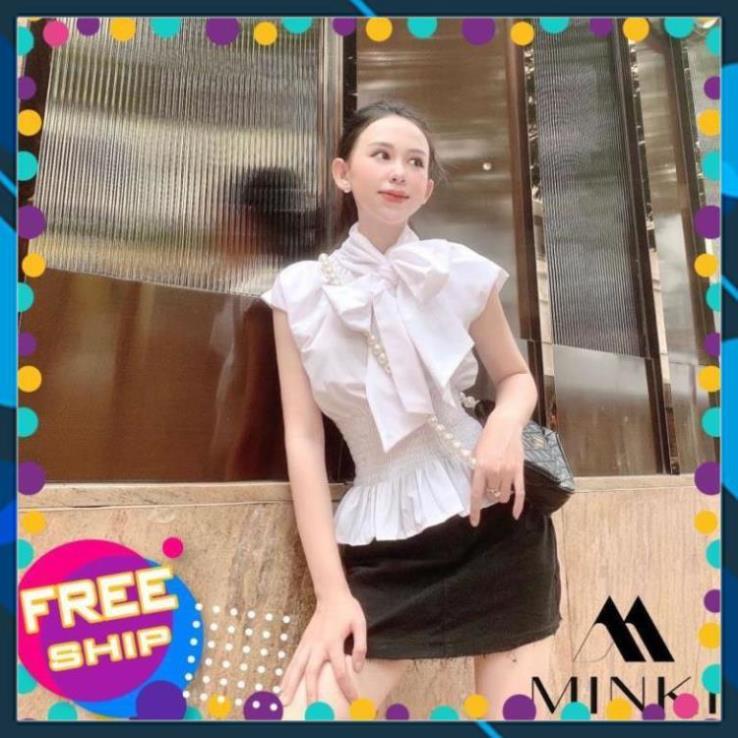 ÁO KIỂU CỔ NƠ EO CHUN - CHẤT LIỆU NHẬP KHẨU - TRẮNG/ HỒNG