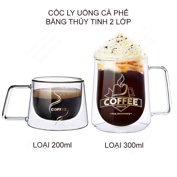 Cốc ly uống cà phê bằng thủy tinh loại 2 lớp, loại 200ml hoặc 300ml tùy chọn
