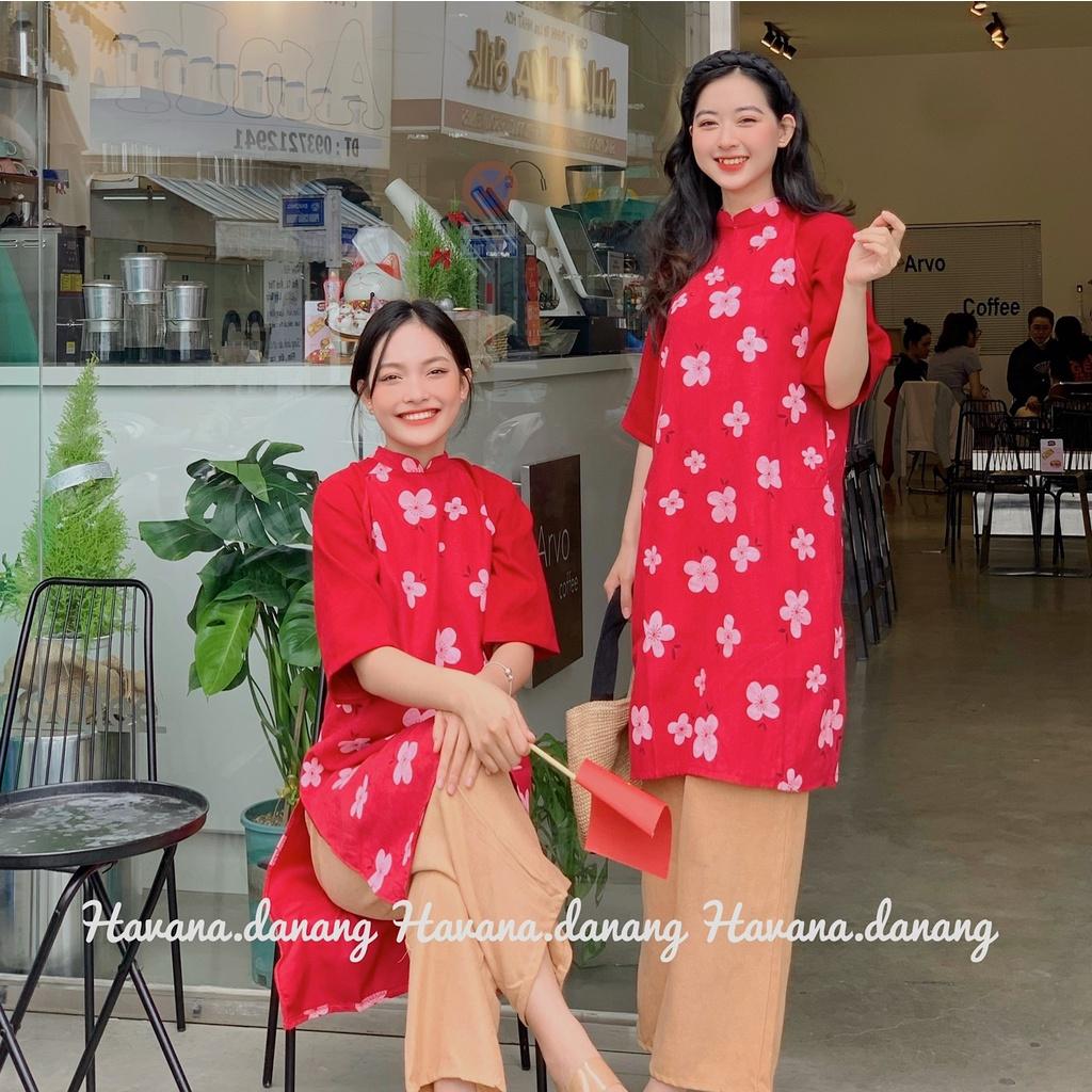 Áo dài cách tân họa tiết, áo dài nhung tăm dáng suông tay lửng