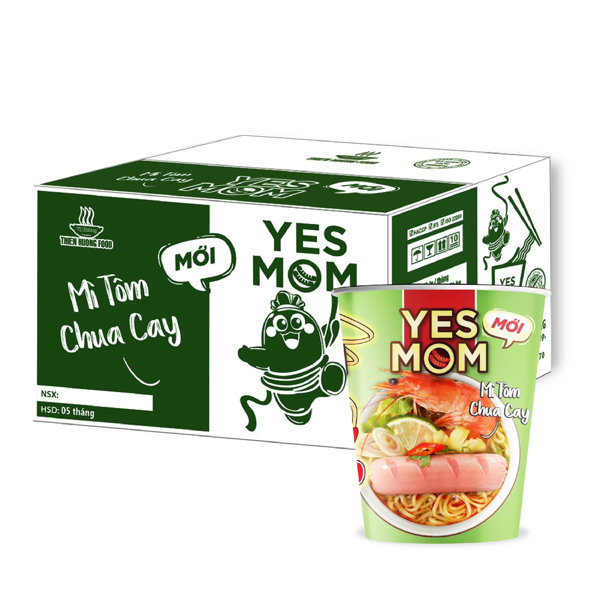 Thùng 24 Ly Mì Tôm Chua Cay Xúc Xích Yes Mom (76G x 24 Ly)