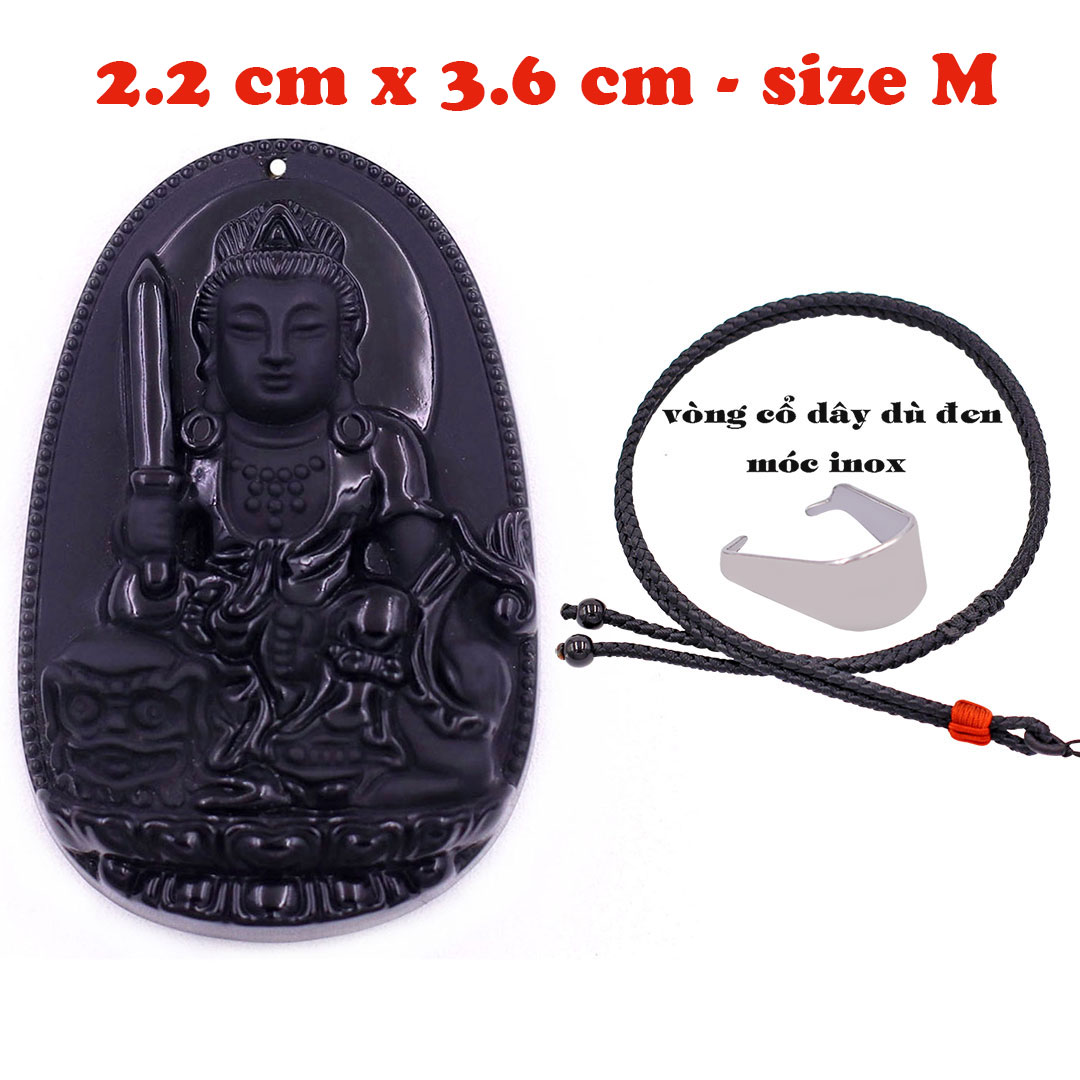 Mặt Phật Văn thù thạch anh đen 3.6 cm kèm vòng cổ dây dù đen - mặt dây chuyền size M, Mặt Phật bản mệnh