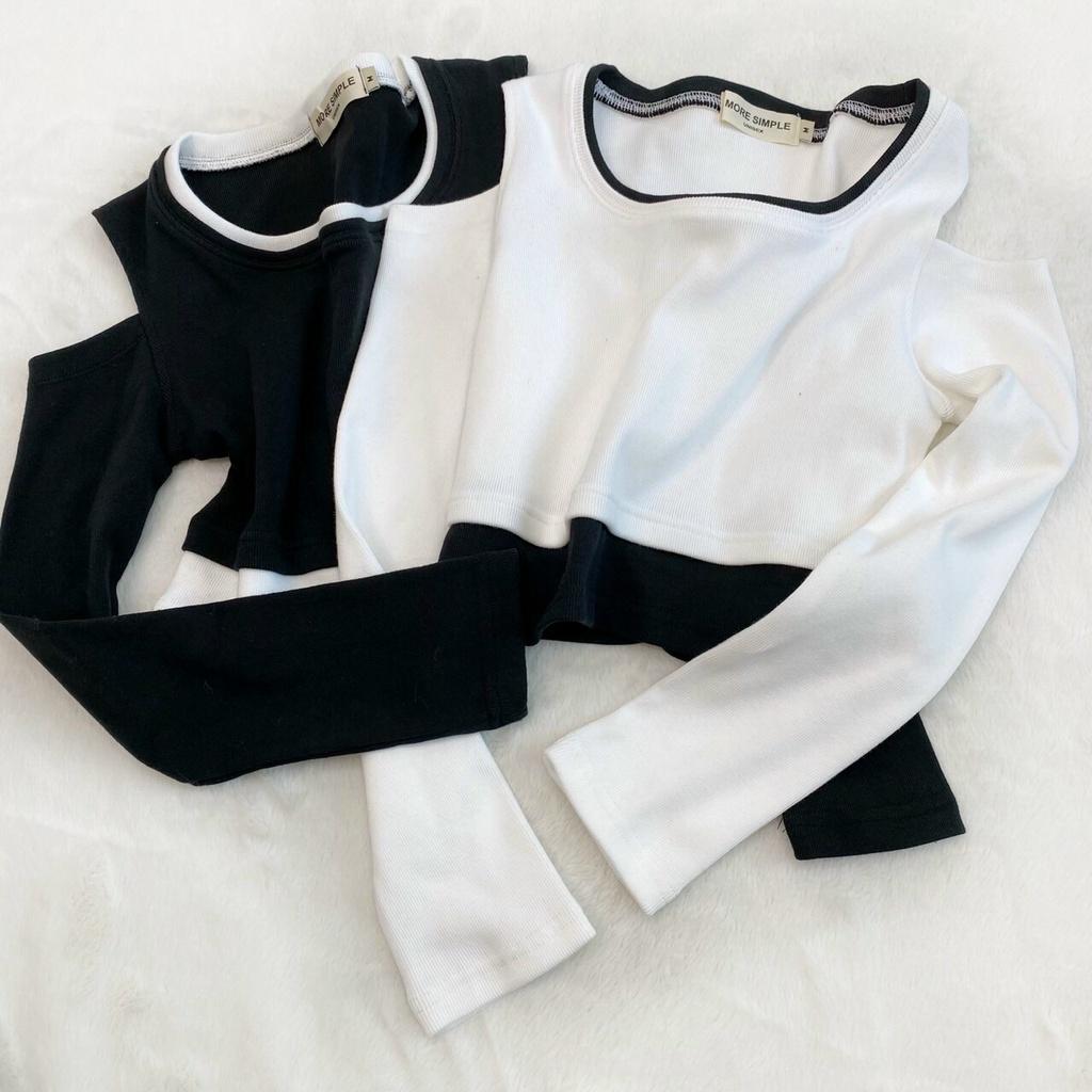 Áo Croptop Nữ Tay Dài DAILY Phối Layer Xẻ Vai Vải Thun Gân Ulzzang