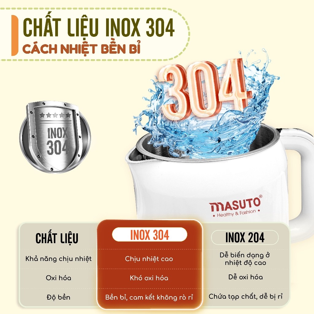 Ấm siêu tốc Sothing Masuto 1,7L MS Nami 2 lớp giữ nhiệt chống bỏng an toàn, inox 304 nguyên khối- Hàng chính hãng