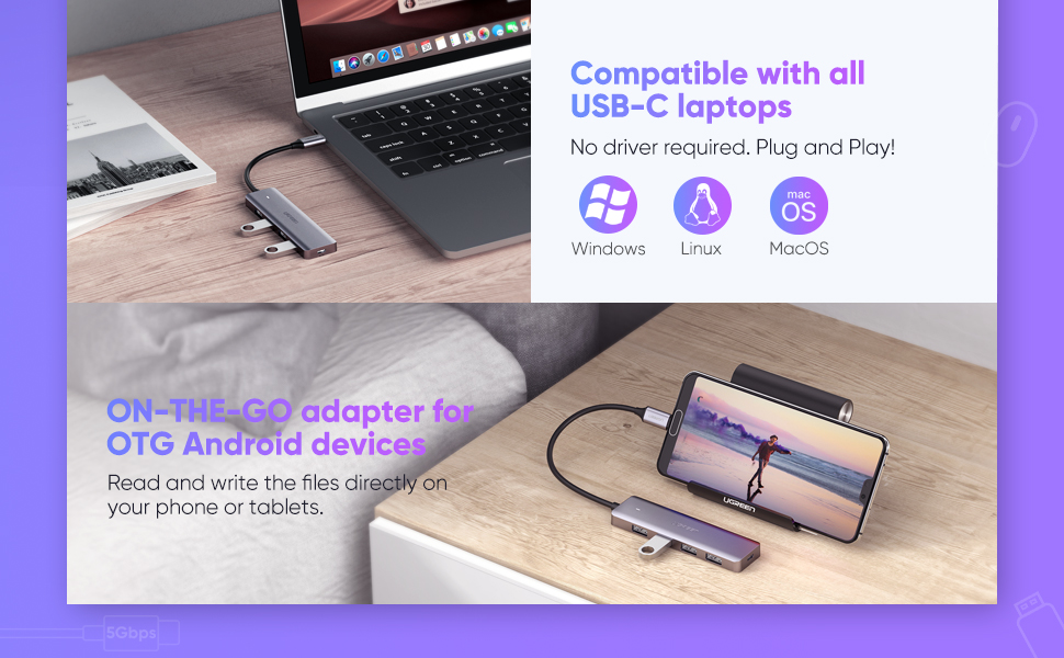 Hình ảnh Bộ chuyển đổi USB Type-C sang Hub USB 3.0 4 cổng hỗ trợ cổng nguồn Micro USB 5V UGREEN CM164 70336 - Hàng chính hãng