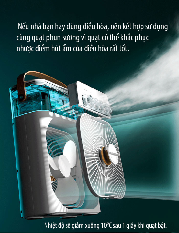 Quạt phun sương để bàn cỡ lớn có hẹn giờ, đèn led 7 màu - Quạt hơi nước để bàn 3 chế độ phun sương làm mát  hàng nhập khẩu