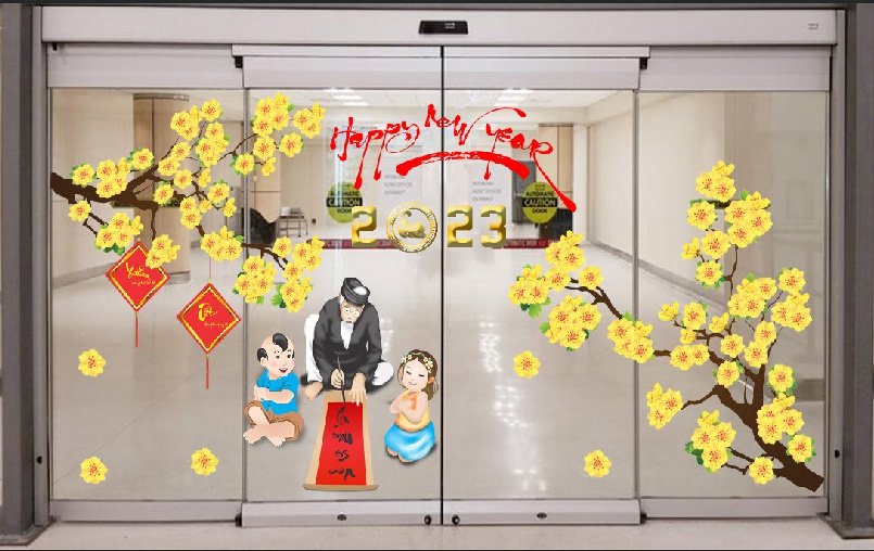 Decal trang trí têt Happy new year - có sẵn keo - decal dán kính trang trí tết PK626(150x200cm)