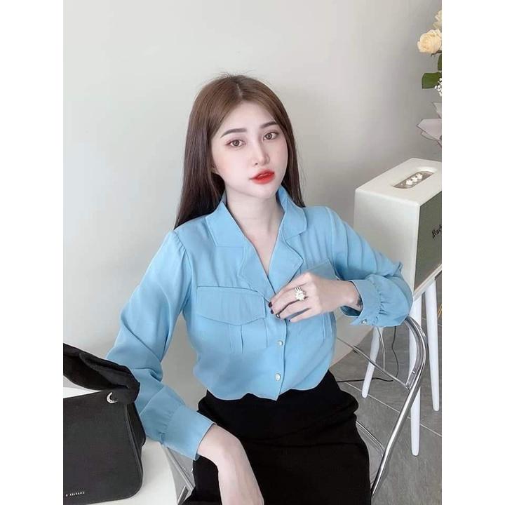 Áo sơ mi nữ thời trang công sở SURI lụa màu xanh dài tay, 2 chiếc túi trước ngực - XANH2TUI