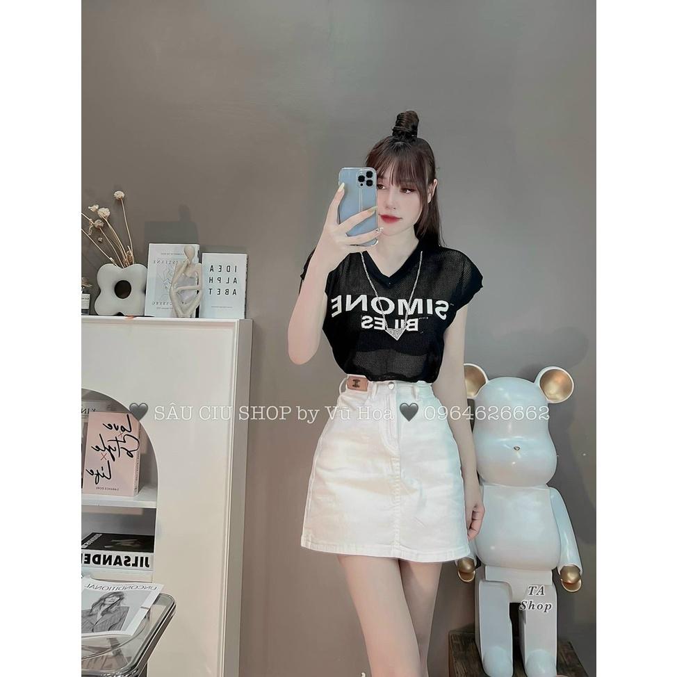 Áo len lưới Simone cổ tim tay hến kèm dây xích hot