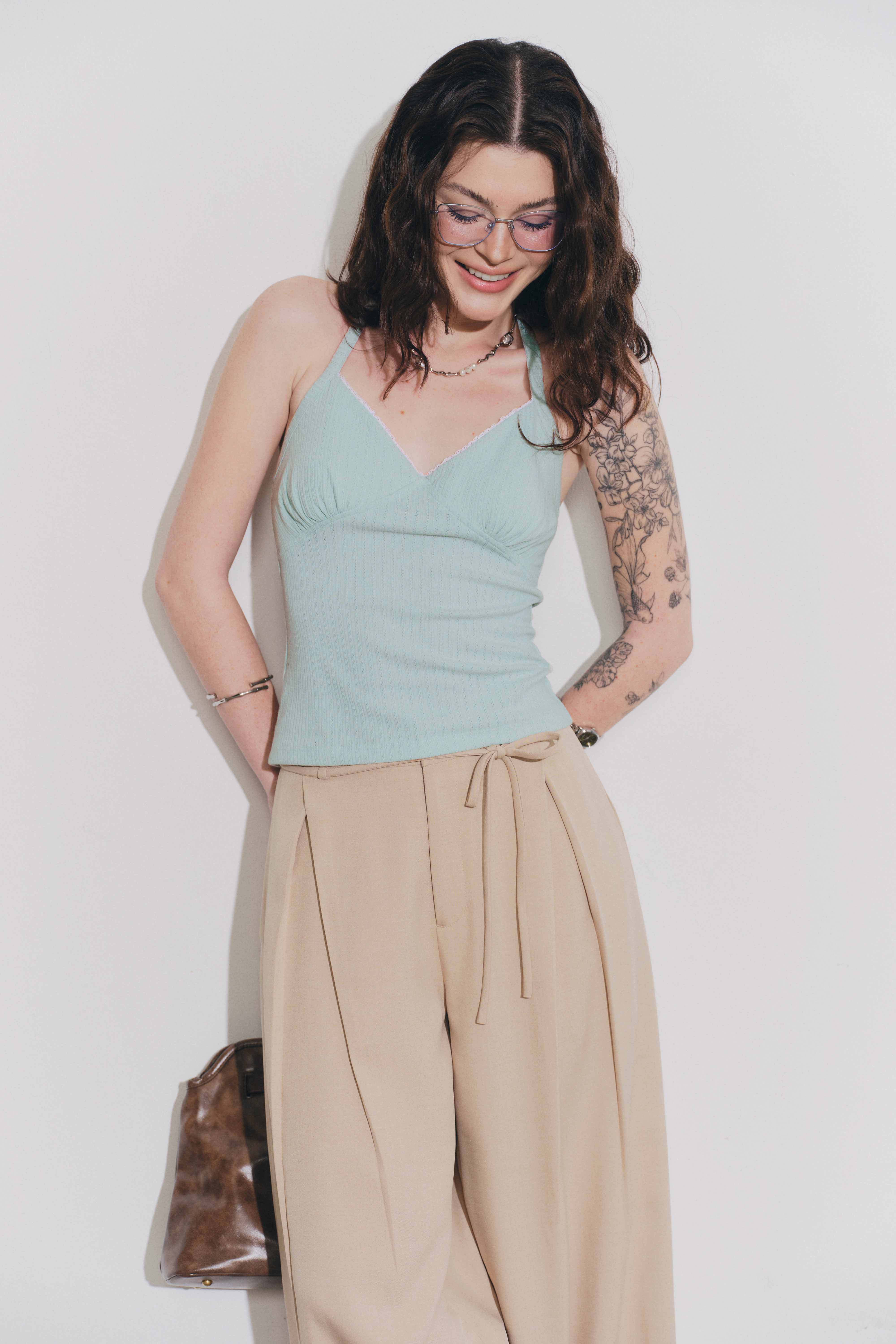 DOTTIE - Áo thun cổ yếm viền ren - Xanh ngọc - T1146