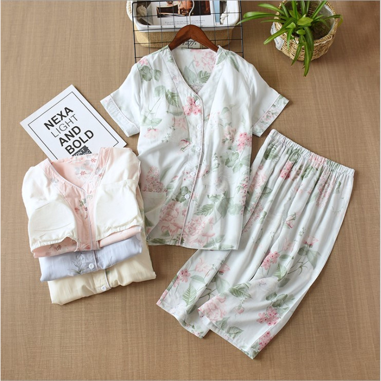 Bộ Đồ Pijama Nữ Mặc Nhà Ngắn Tay Azuno ABN2606 Chất Liệu Cotton Lụa Có Lót Ngực Tiện Lợi Cho Mùa Hè