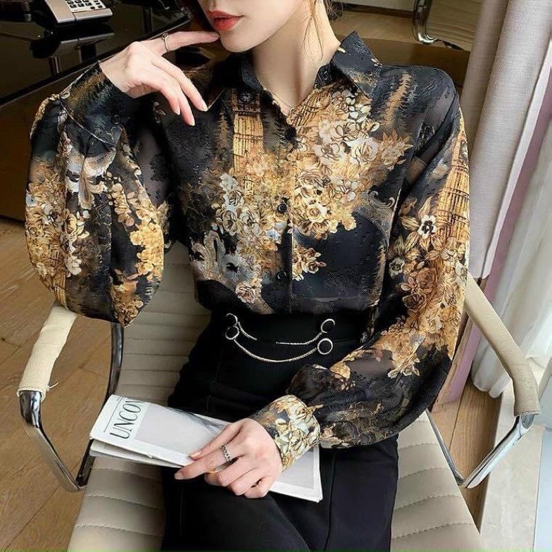 Áo sơ mi tay phồng vải voan ép phong cách phương Tây