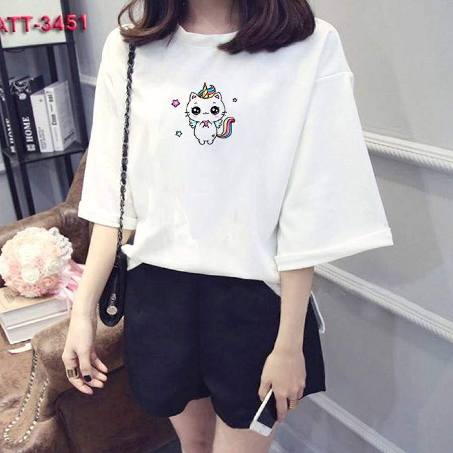Áo thun nữ tay lỡ Hàn Quốc form rộng in hình mèo cung hoàng đạo vài dày mịn TEEWOTL36