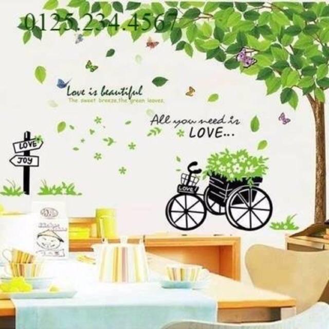 Decal dán tường combo cây tán rộng to + xe đạp xanh
