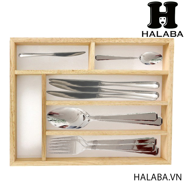 Khay Gỗ Để Muỗng Nĩa 6 Ngăn, Kích Thước 33x26x4.2 cm - Gỗ Cao Su Bền Đẹp Sang Trọng Cho Không Gian Bếp