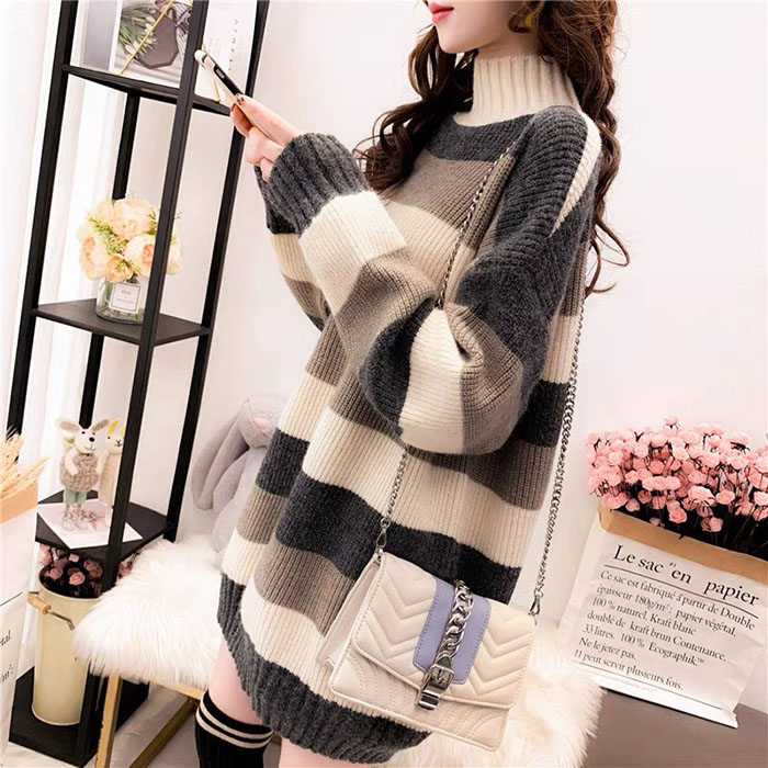 Áo lưn nữ form rộng cổ cao kẻ ngang trẻ trung LAHstore, chất len dày dặn, thời trang thu đông - Kẻ nâu xám