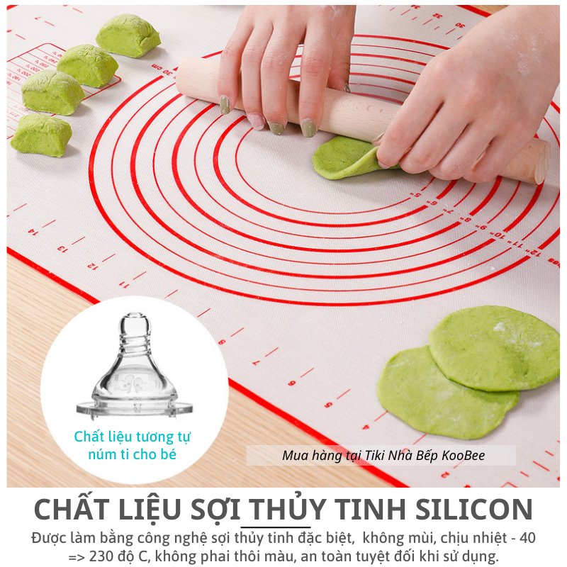 Thảm silicon nhào bột chống dính KOOBEE có vòng tròn và thang đo kích thước - Dụng cụ làm bánh tiện dụng cho nhà bếp