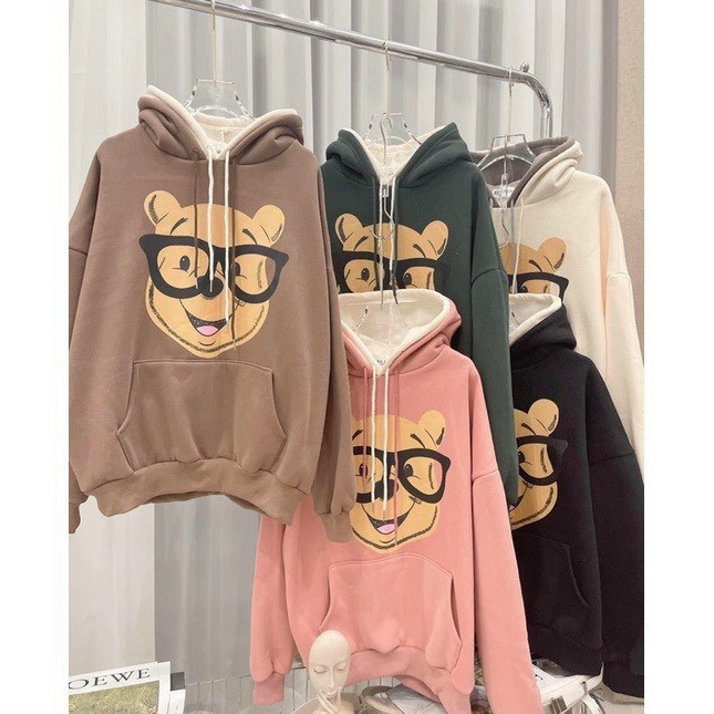 Áo khoác Hoodie form rộng áo khoác hoodie nam nữ hai nón GẤU ĐEO KÍNH