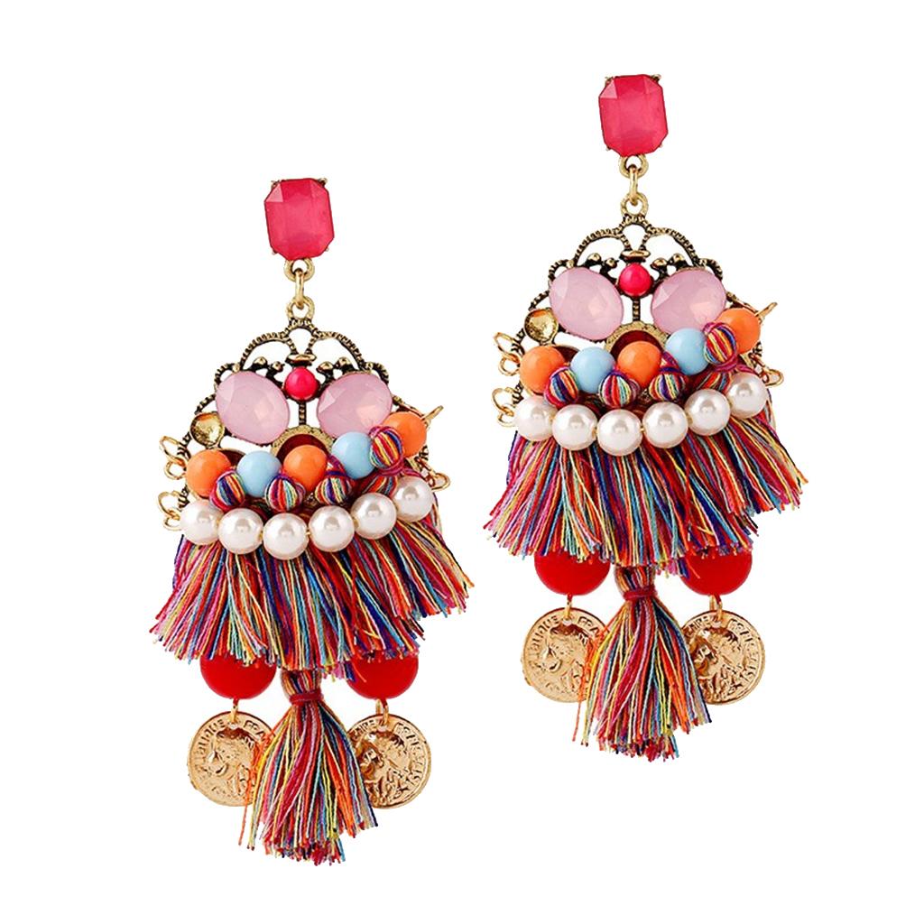 Trendy Shiny Tassel Fringe Earrings with Multisize Colorful Plastic Pearls