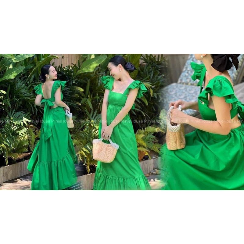 Đầm maxi đi biển cánh tiên hở lưng khoét eo nơ lưng nhún thun 3 màu hot trend
