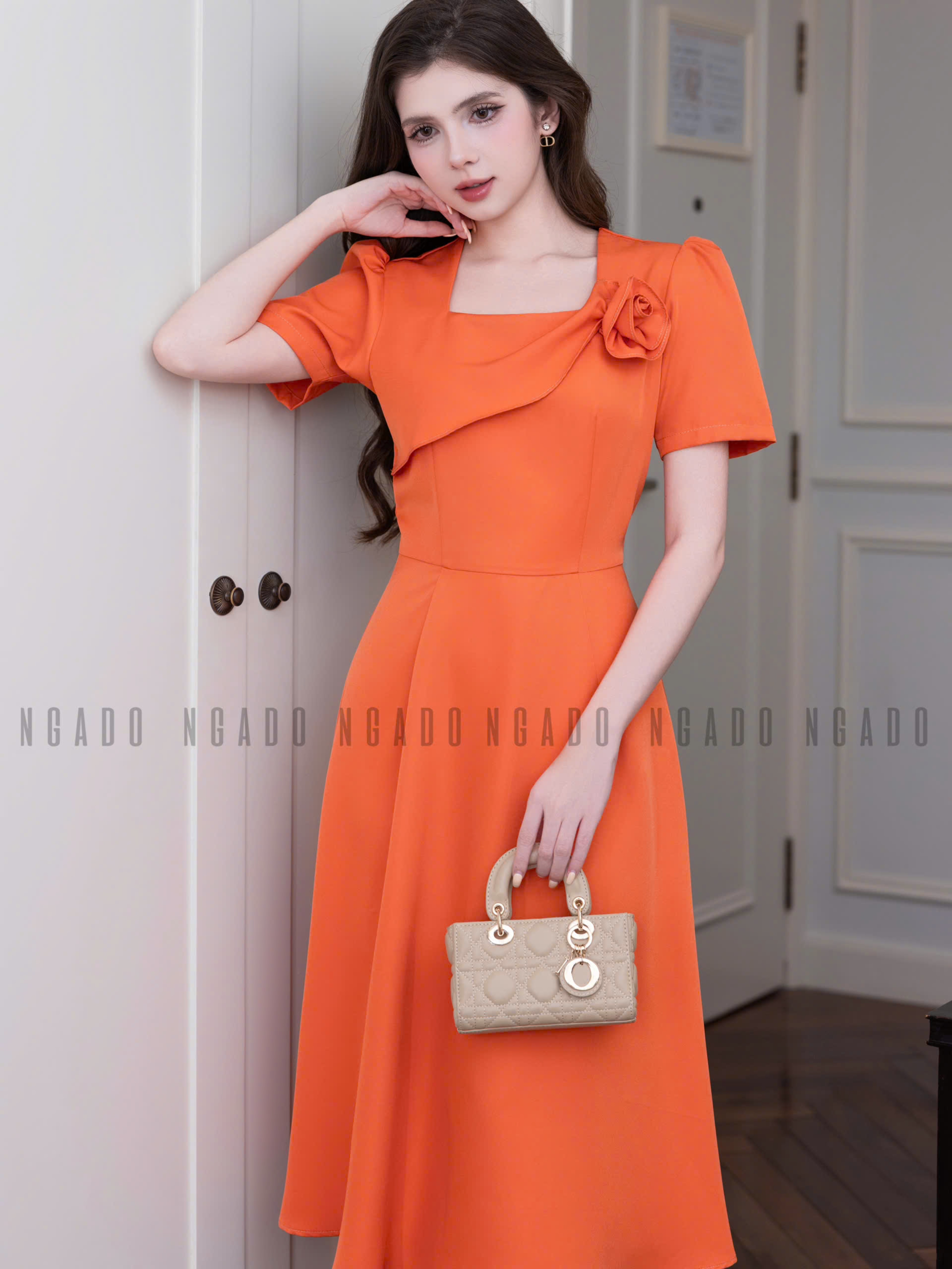 Đầm cam phối hoa NGADO , đầm nữ , đầm công sở , dự tiệc