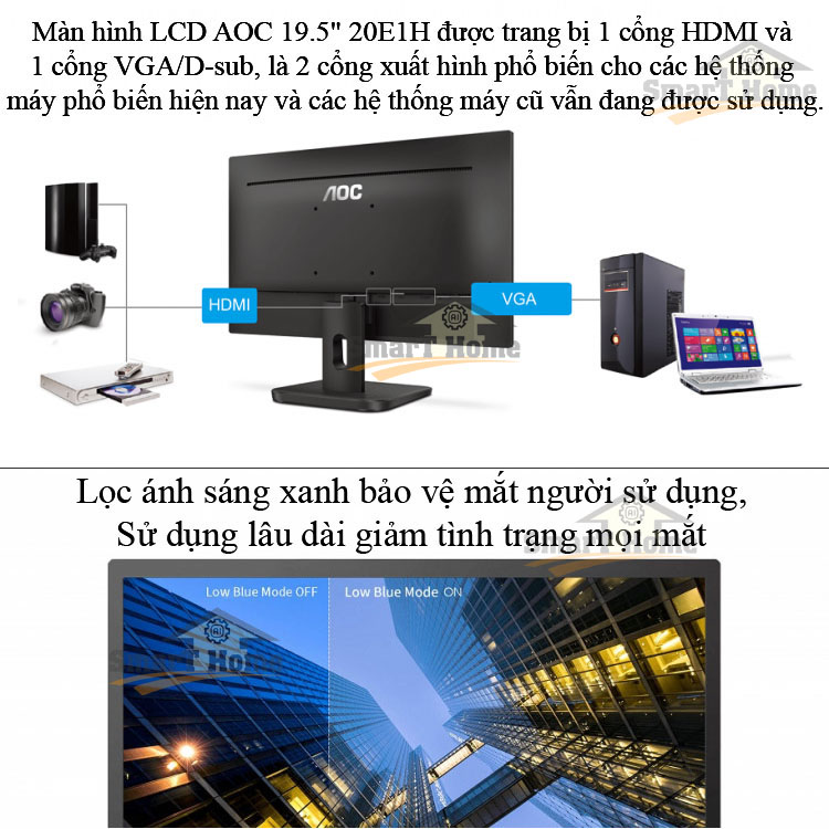 Màn Hình Máy Tính AOC 19.5 Inch 20E1H/74 Full Box 19.5 inch, 1600x900 HD+ 60Hz , Kết Nối HDMI+VGA - Hàng Chính Hãng