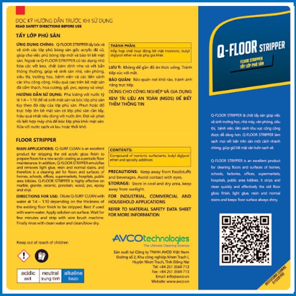 Chất Tẩy Phủ Bóng Sàn AVCOChem - Q-FLOOR STRIPPER - Siêu tiết kiệm - can 20 lít - Hàng chính hãng