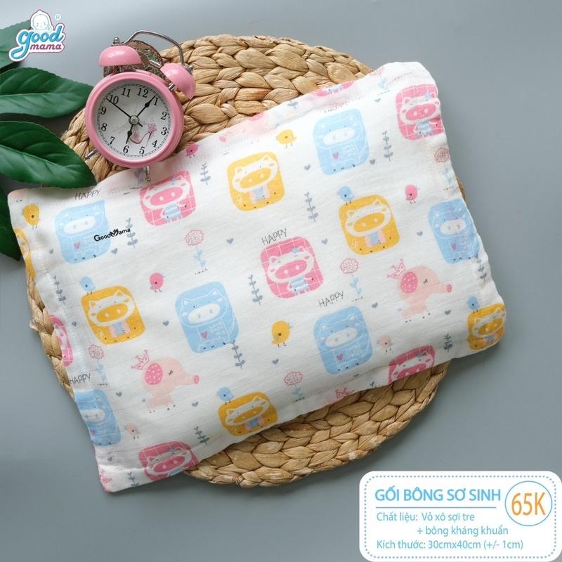 Gối Bông Sơ Sinh Cho Bé vỏ xô sợi tre, bông microfiber kháng khuẩn tự nhiên