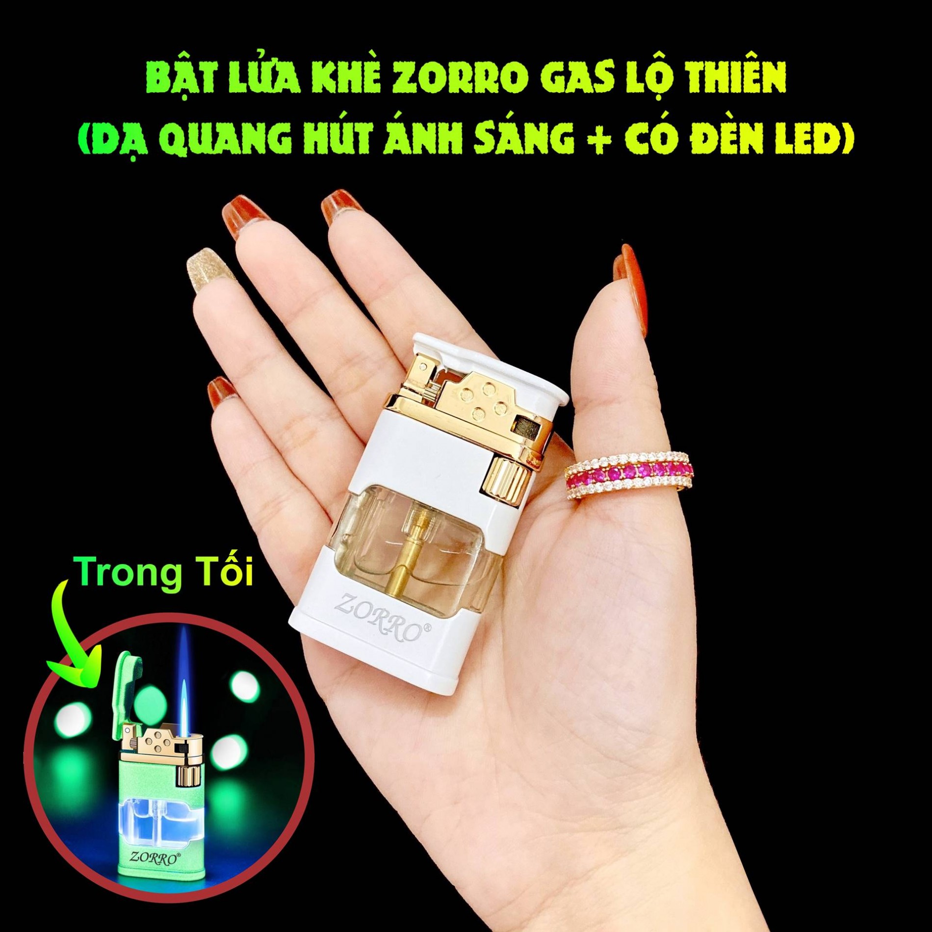 Hột quẹt bật lửa khè zorro gas lộ thiên - dạ quang hút ánh sáng (có đèn led) - (xài gas