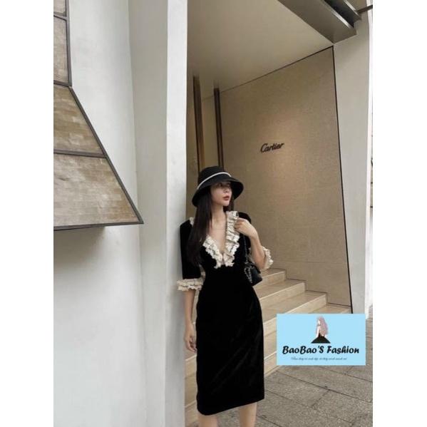 Đầm nhung cách điệu cổ V phối ren