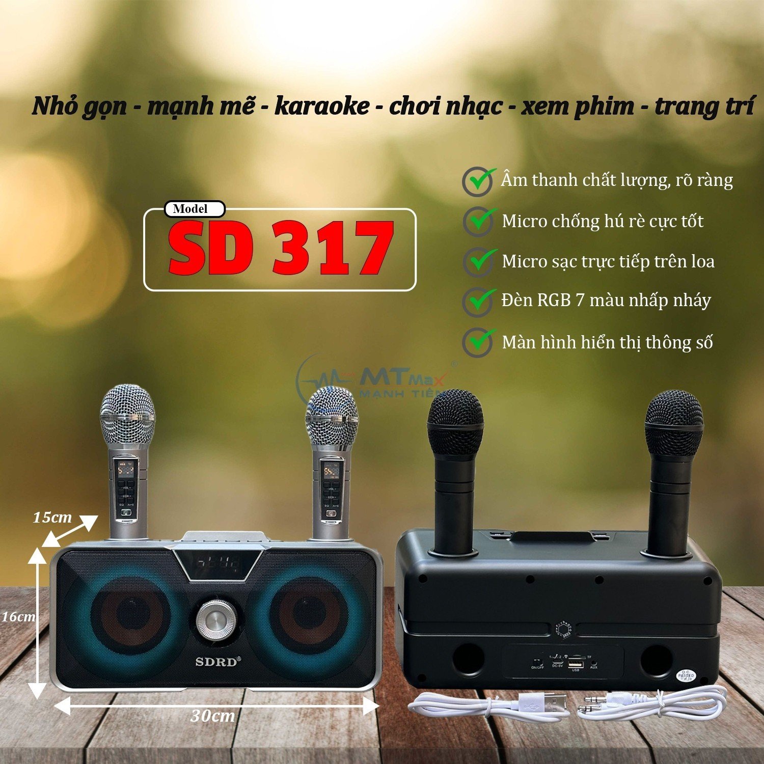 Loa Bluetooth SD317 - Nhỏ Gọn Đầy Mạnh Mẽ, Âm Thanh Chất Lượng, Đèn RGB Nhiều Màu Sắc, Tặng Kèm 2 Micro Không Dây Thông Minh Chống Nhiễu Giọng. Hàng Chính Hãng