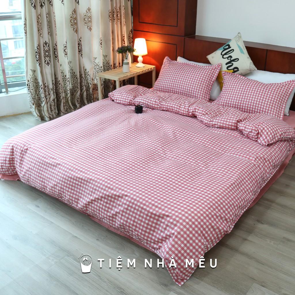 Set Chăn Ga 4 Món Cotton 80% Hoạ Tiết Caro Đỏ