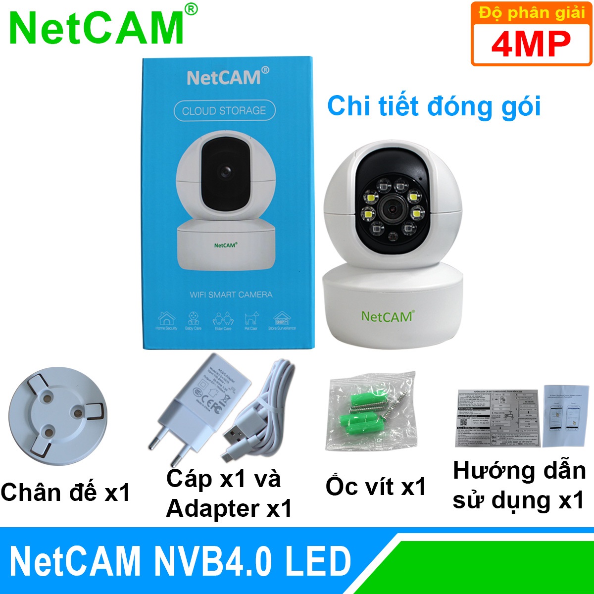 Camera IP wifi giám sát an ninh NetCAM NVB4.0, Độ phân giải 4.0MP, 4 đèn LED chiếu sáng - Hàng Chính Hãng