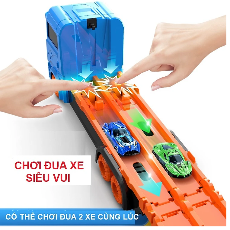 Ô tô đồ chơi xe tải 3 tầng kèm 6 xe đua nhỏ mô hình đường đua xe dài 1,65m có thể gấp gọn cho bé