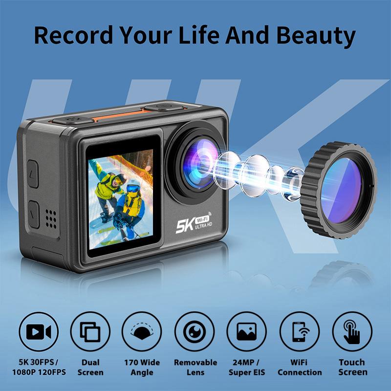Camera hành động Ultra 5K 60fps WiFi Bộ lọc có thể tháo rời màn hình kép EIS dưới nước Chỗ mũ bảo hiểm không thấm nước cam