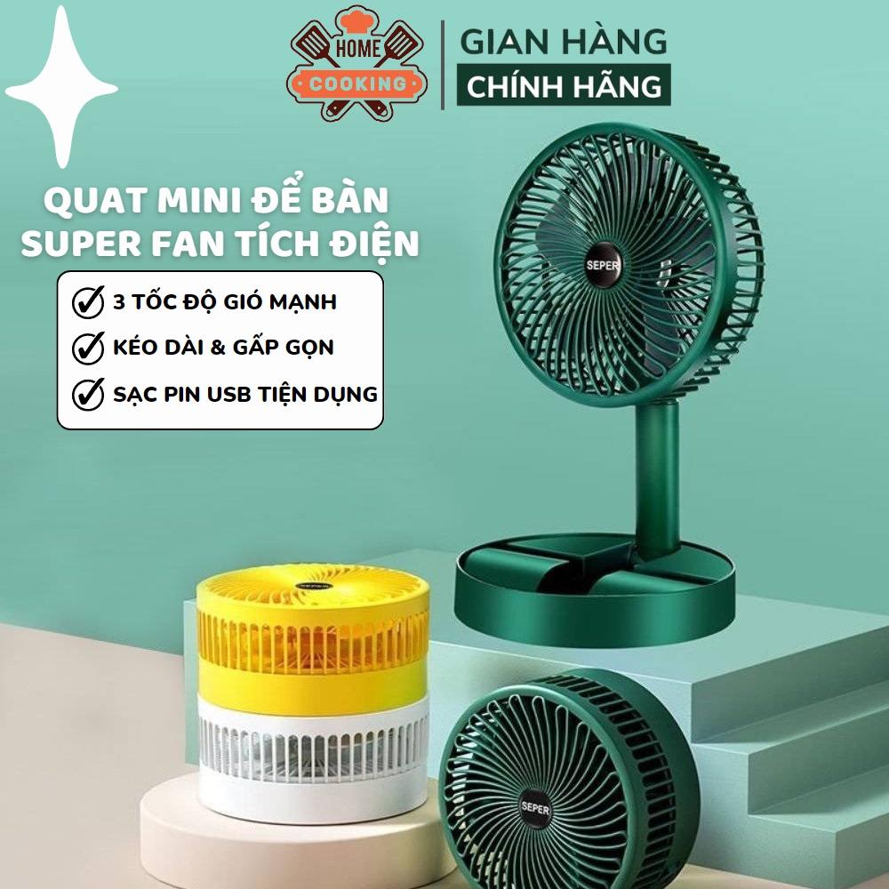 Quạt tích điện để bàn mini Super gấp gọn có thể kéo dài 3 tốc độ gió xoay 360 cổng sạc usb tiện dụng, bảo hành 12 tháng