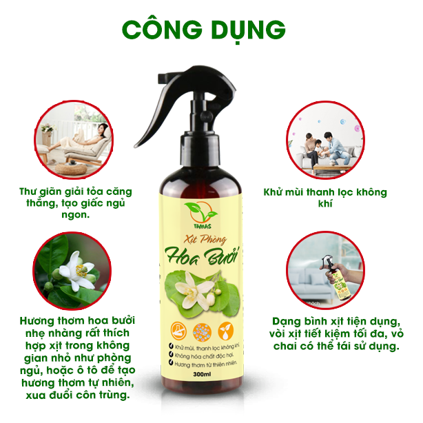 Xịt thơm phòng hương hoa Bưởi, khử mùi, làm thơm phòng, thư giãn, giải tỏa căng thẳng, thành phần 100% từ thiên nhiên.