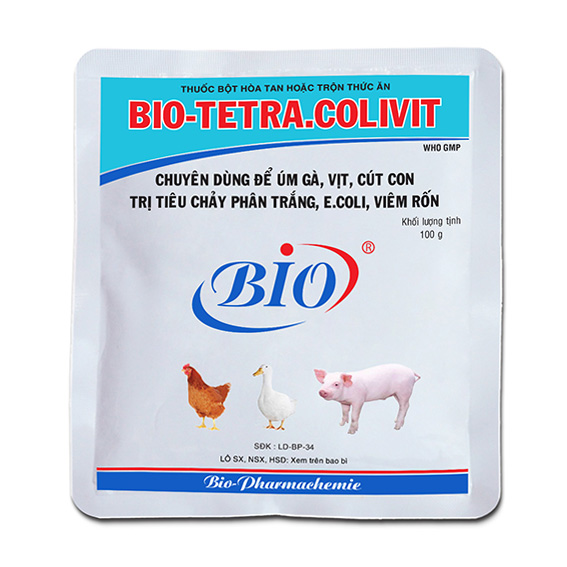 Thuốc bột hoà tan hoặc trộn thức ăn BIO-TETRA.COLIVIT chuyên dùng úm gà, vịt, cút con, tiêu chảy phân trắng, ecoli, viêm rốn