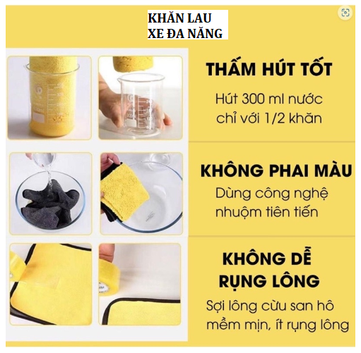 Khăn Lau Xe Hơi Chuyên Dụng Microfiber 2 Lớp Không Rụng Lông, Thấm Hút Nước Tốt Màu Vàng cỡ 30x30cm GD749-KhanLXe