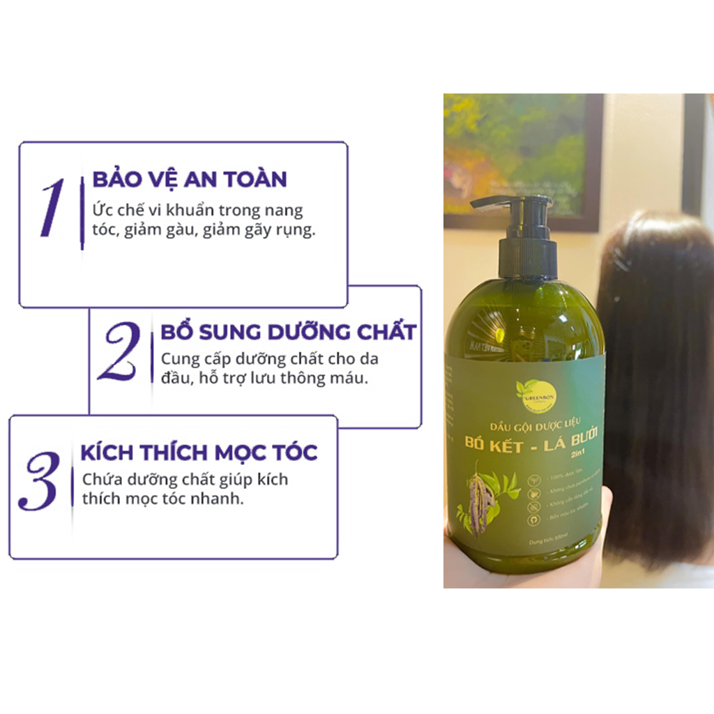 Dầu gội dược liệu Bồ kết Lá bưởi 2in1 GREENBON - Giảm tóc rụng, kích mọc tóc