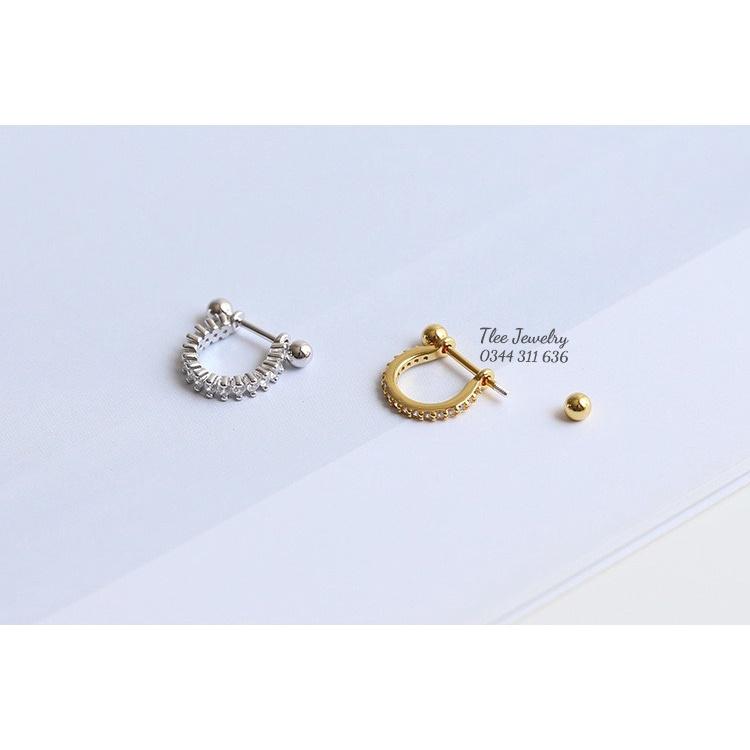 Khuyên tai bạc Tlee, Bông tai cong nạm đá chốt vặn thẳng- TleeJewelry